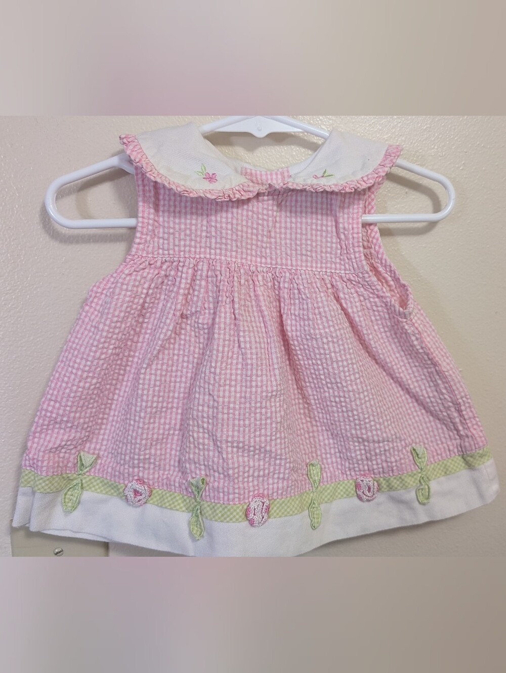 Pink Seersucker Floral Trim Girls' Casual Dress